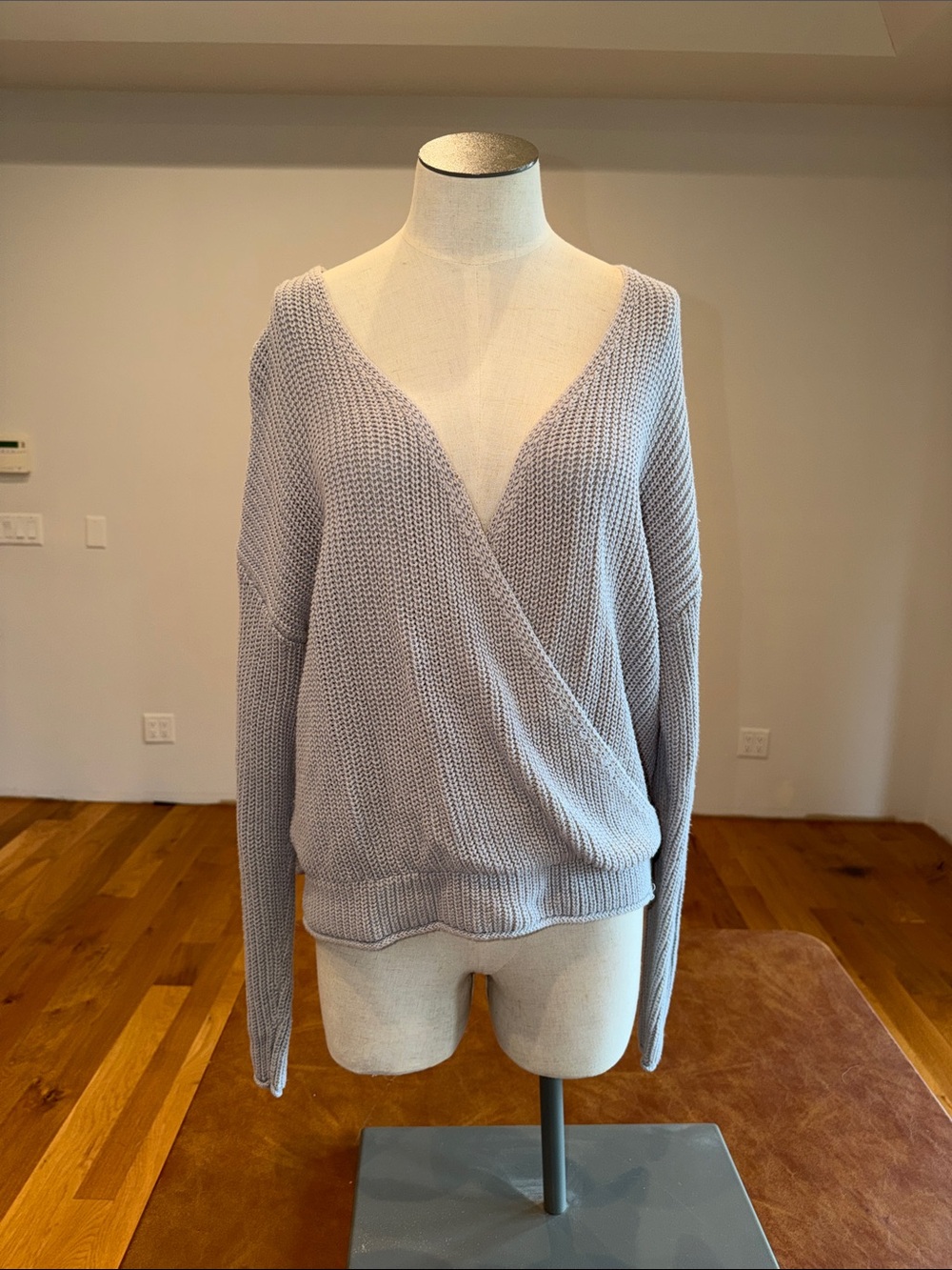 moon & madison Light Gray V-Neck Wrap Knit Sweater